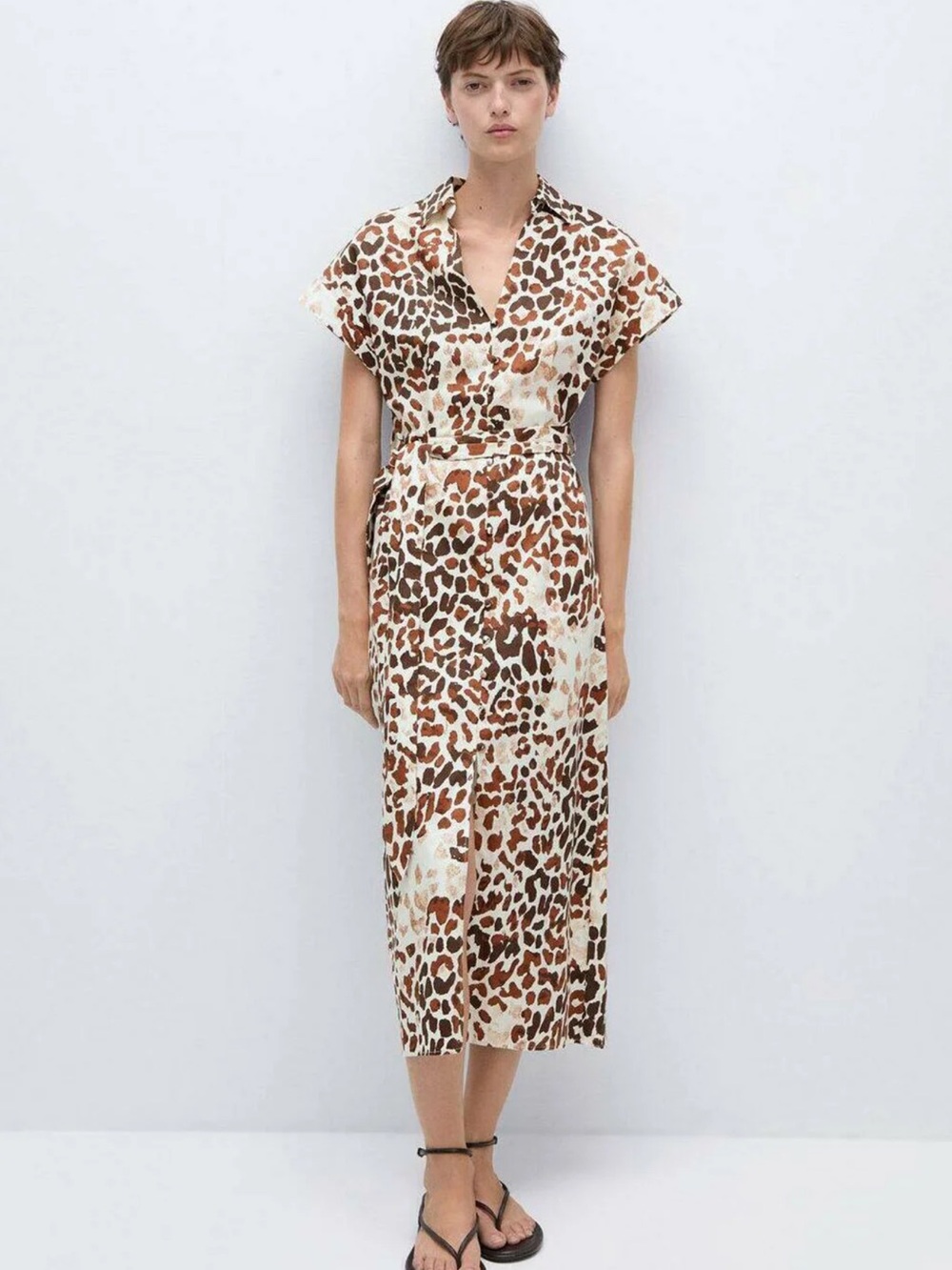 Leopard Print Maxi Shirt Dress in Brown and Cream